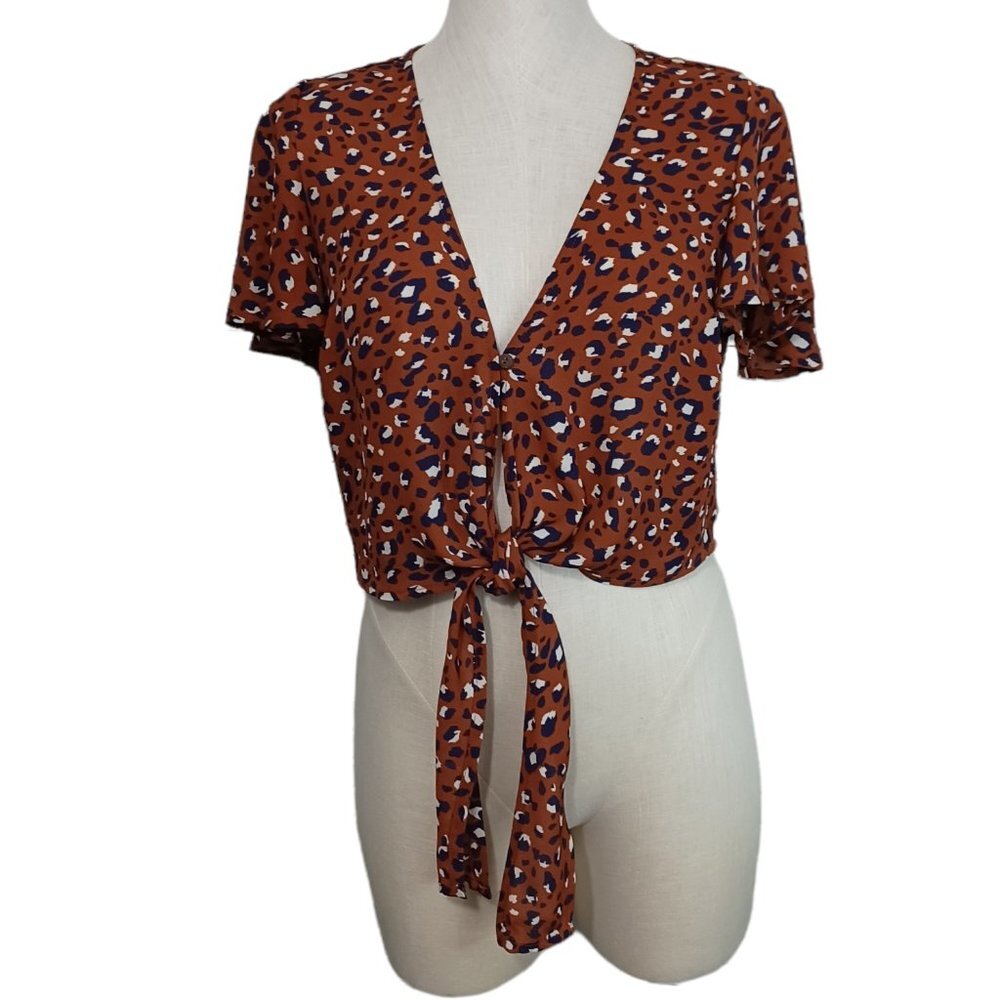 Becool Womens Leopard Print Front Tie Crop Top Rust Orange Navy Blue Large 17320